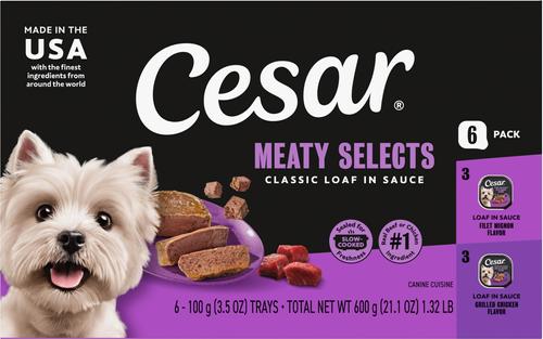 Cesar Classic Loaf in Sauce Variety Pack Adult Filet Mignon & Grilled Chicken Wet Dog Food Trays, 3.5-oz, 6 count