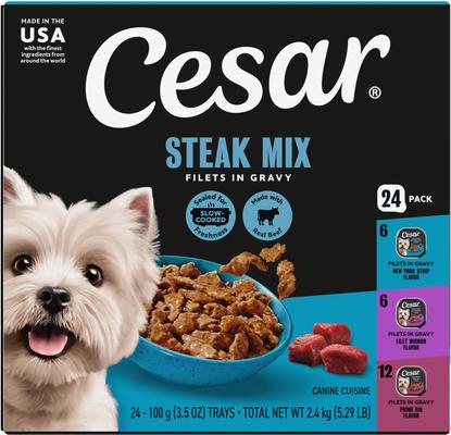 Cesar Filets in Gravy Beef Flavors Variety Pack Small Breed Adult Wet Dog Food, 3.5-oz tray, case of 24