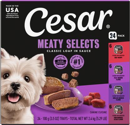Cesar Classic Loaf in Sauce Beef Recipe, Filet Mignon, Grilled Chicken & Porterhouse Steak Flavors Variety Pack Grain-Free Small Breed Adult Wet Dog Food Trays, 3.5-oz, case of 24