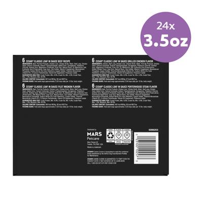 Show full view: Cesar Classic Loaf in Sauce Beef Recipe, Filet Mignon, Grilled Chicken & Porterhouse Steak Flavors Variety Pack Grain-Free Small Breed Adult Wet Dog Food Trays, 3.5-oz, case of 24 slide 4 of 11