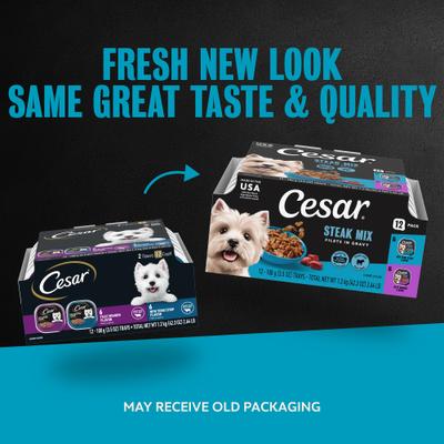 Show full view: Cesar Filets in Gravy Beef Variety Pack Small Breed Adult Wet Dog Food Trays, 3.5-oz, case of 12 slide 3 of 11