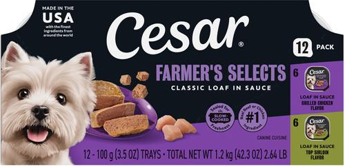 Cesar Classic Loaf in Sauce Top Sirloin & Grilled Chicken Flavors Variety Pack Grain-Free Small Breed Adult Wet Dog Food Trays, 3.5-oz, case of 12