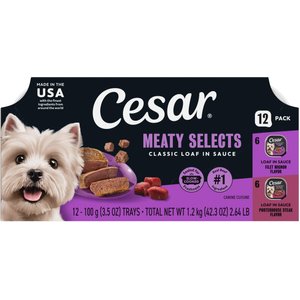 Cesar Classic Loaf in Sauce Filet Mignon & Porterhouse Steak Flavors Variety Pack Grain-Free Small Breed Adult Wet Dog Food Trays, 3.5-oz, case of 12