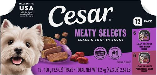 Cesar Classic Loaf in Sauce Filet Mignon & Porterhouse Steak Flavors Variety Pack Grain-Free Small Breed Adult Wet Dog Food Trays, 3.5-oz, case of 12