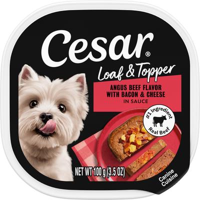 Cesar Loaf & Topper in Sauce Angus Beef Flavor with Bacon & Cheese Grain-Free Small Breed Adult Wet Dog Food Trays, 3.5-oz, case of 24