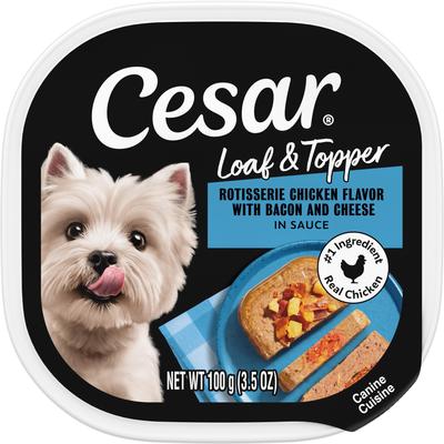 Cesar Loaf & Topper in Sauce Rotisserie Chicken Flavor with Bacon & Cheese Wet Dog Food Trays, 3.5-oz, case of 24