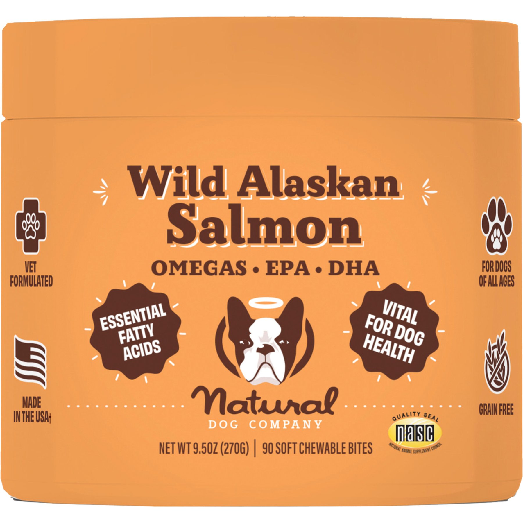 Natural Dog Company Whole-body wellness Wild Alaskan Salmon Oil Skin & Coat Chew Supplement for Dogs, 90 count