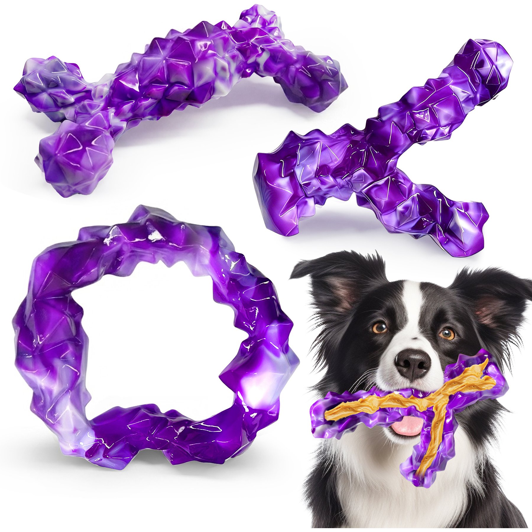 FUUFOME Indestructible Extra Durable Dental Bacon Flavored Bone Aggressive Dog Chew Toy, Purple, 3 count