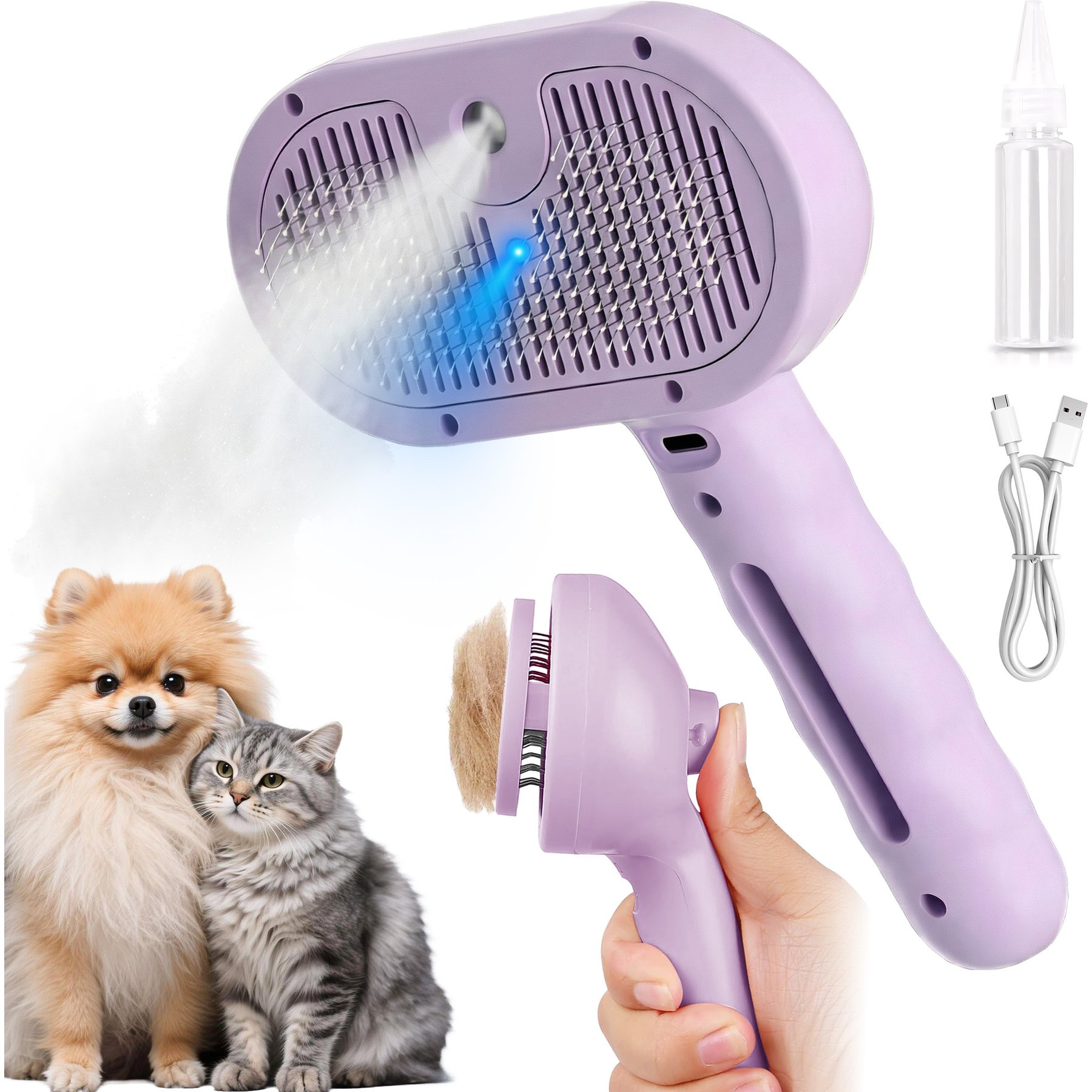 VIVIPAL 2-in-1 Self Cleaning Slicker Dog & Cat Steam Brush & Hair Remover with Blue light, Purple