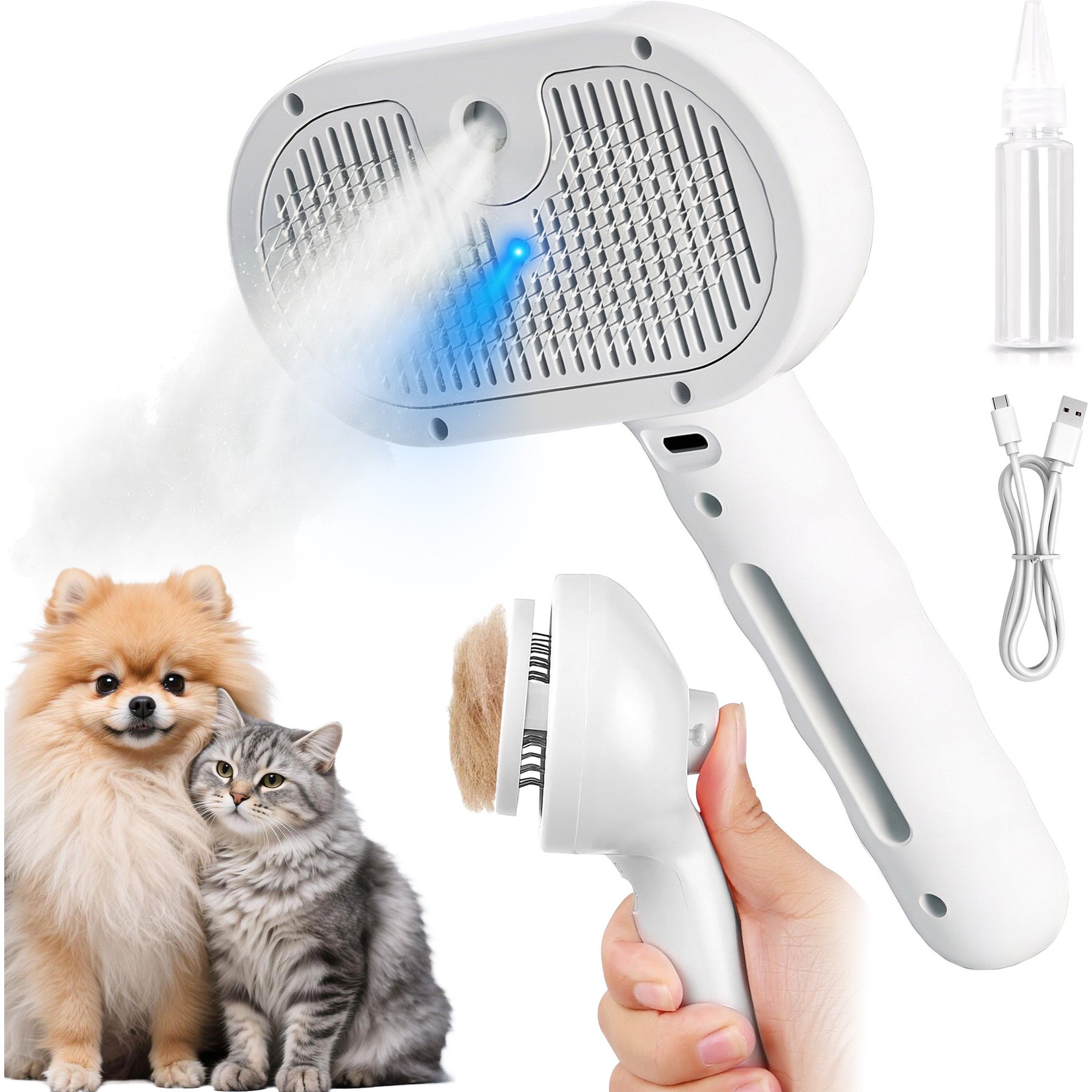 VIVIPAL 2-in-1 Self Cleaning Slicker Dog & Cat Steam Brush & Hair Remover with Blue light, White