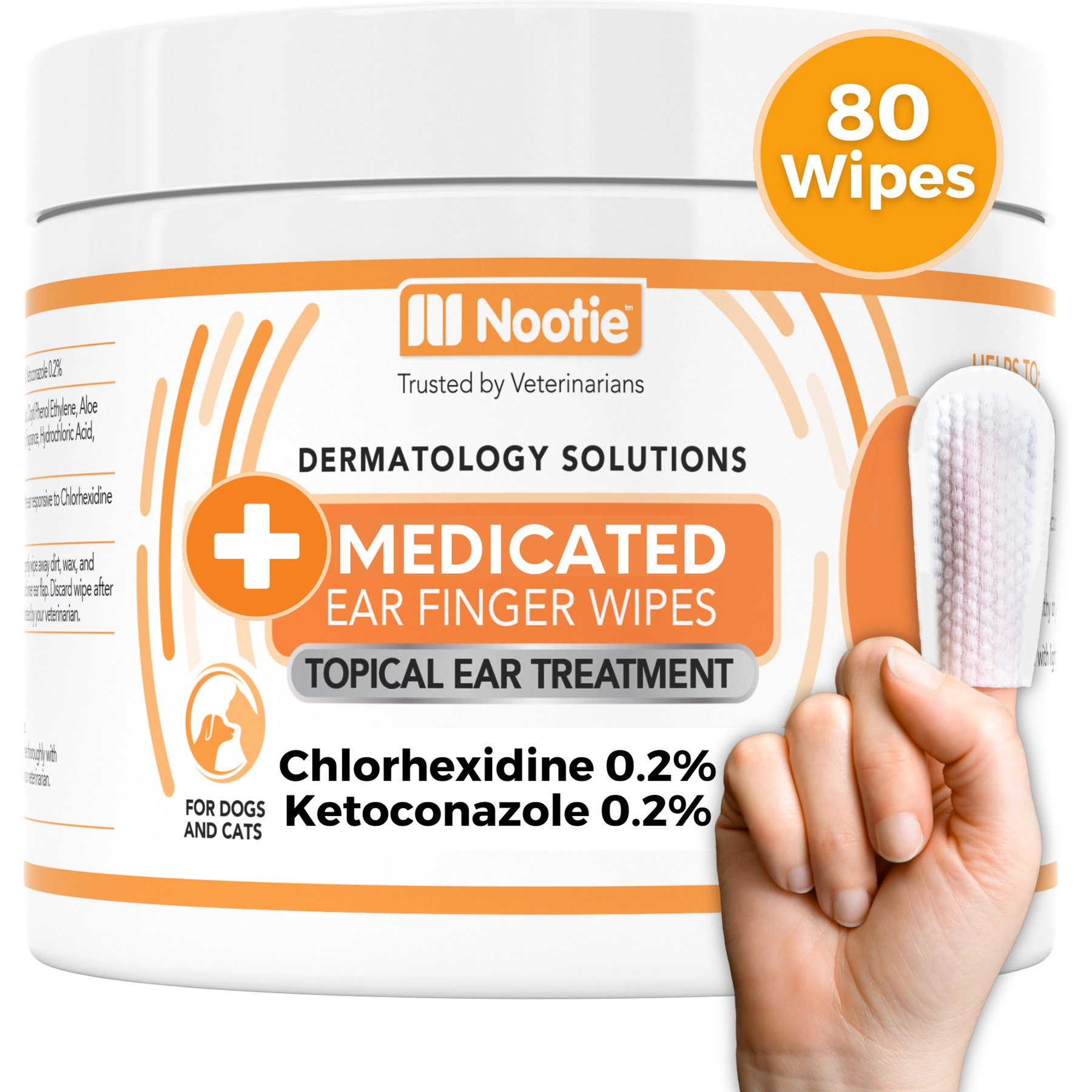 Nootie Chlorhexidine Wax, Dirt & Odor Removal Medicated Dog Ear Finger Wipes, 80 count