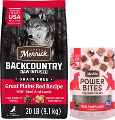 Merrick Backcountry Raw Infused Grain-Free Dry Food Great Plains Red Recipe + Power Bites Real Texas Beef Recipe Grain-Free Soft & Chewy Dog Treats