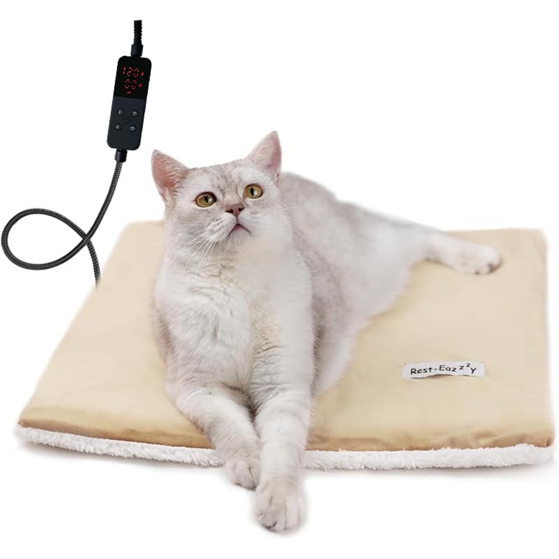 Rest-Eazzzy 5-Level Timer & Temperature Control with Removable Cover Cat Heating Pad & Bed, Beige, Small, 1 count
