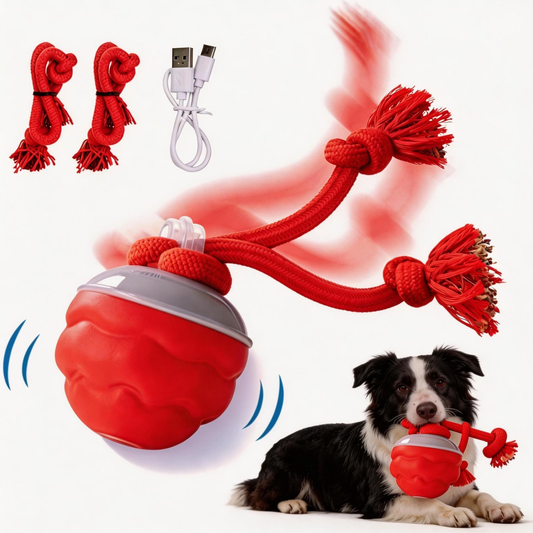 Petajoy Interactive Squeaky Rope & Tug Motion Dog Toy, Red