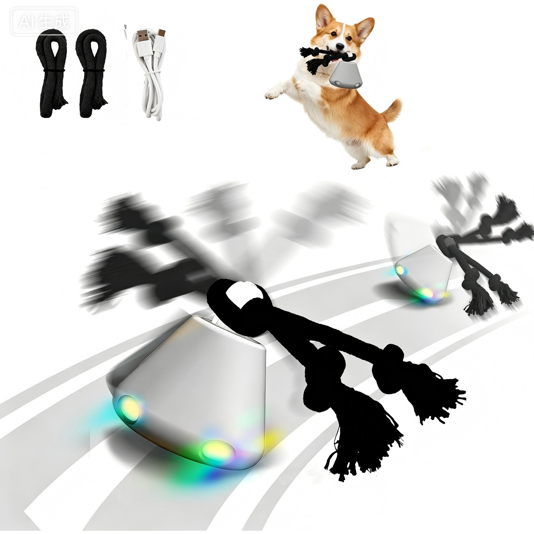 Petajoy Rope Runner Interactive Squeaky Rope Dog Toy with Flying Saucer Design, White
