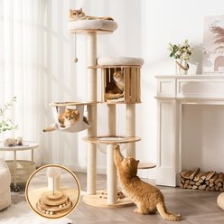 Hittite Solid Wood 62-in Corduroy Cat Tree Tower & Condo with Sisal Scratching Post, Capsule & Hammock, Natural