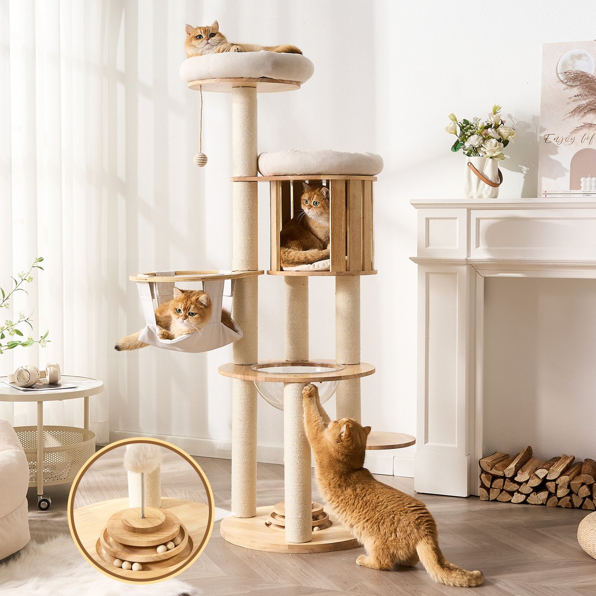 Hittite Solid Wood 62-in Corduroy Cat Tree Tower & Condo with Sisal Scratching Post, Capsule & Hammock, Natural