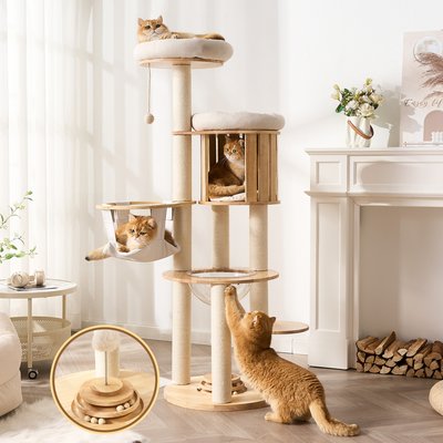 Hittite Hittite Solid Wood 62-in Corduroy Cat Tree Tower & Condo with Sisal Scratching Post, Capsule & Hammock, Natural
