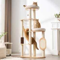 Hittite Solid Wood 60-in Corduroy Cat Tree Tower with Sisal Scratching Post, Self-Grooming Bed, Board & Capsule, Natural, 31.5 x 15.5 x 60-in