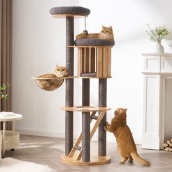 Hittite Solid Wood 62-in Corduroy Cat Tree Tower & Condo with Sisal Scratching Post, Capsule & Ladder, 20.87 x 20.87 x 62-in, Gray