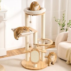 Hittite Solid Wood 49-in Corduroy Cat Tree Tower with Sisal Scratching Post & Board, Capsule & Hammock, Natural, 23.6 x 23.6 x 49-in