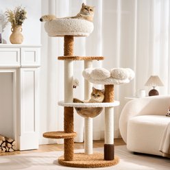 Hittite 50.5-in Modern Cat Tree Tower with Flower/Fluffy Beds, Acrylic Capsule, Scratching Posts, Multi-Level Platforms & Interactive Toy, White & Brown