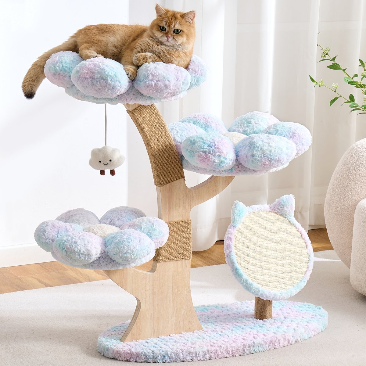 Hittite Indoor Flower 37-in Faux Fur Cat Tree Tower with Scratching Post, Wood Sculpted Branch & Scratching Board, Dreamy Blue