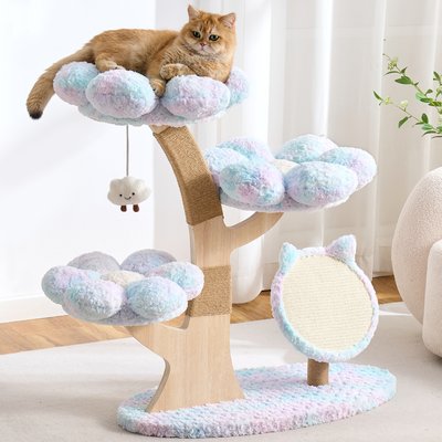 Hittite Hittite Indoor Flower 37-in Faux Fur Cat Tree Tower with Scratching Post, Wood Sculpted Branch & Scratching Board, Dreamy Blue