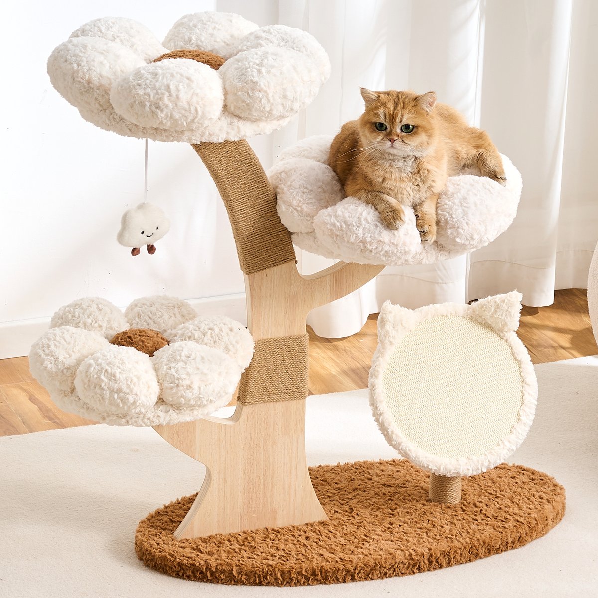 Hittite Indoor Flower 37-in Faux Fur Cat Tree Tower with Scratching Post, Wood Sculpted Branch & Scratching Board, Creamy White
