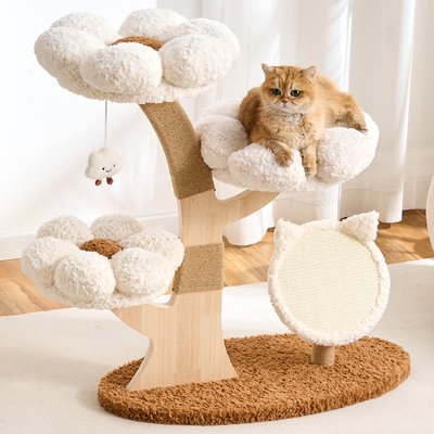 Hittite Hittite Indoor Flower 37-in Faux Fur Cat Tree Tower with Scratching Post, Wood Sculpted Branch & Scratching Board, Creamy White