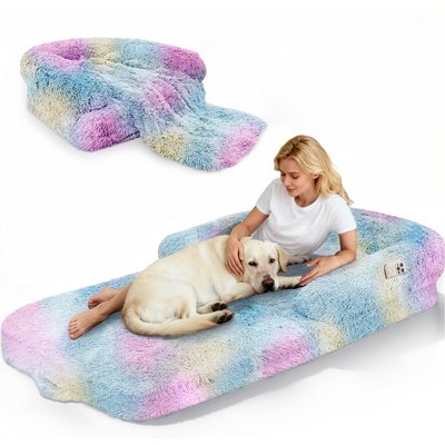 PawsNestParlor PawsNestParlor Foldable Oversize Human Orthopedic Covered Dog Bed with 10-cm Thick Memory Foam & Blanket, 71 x 38 x 9-in, Rainbow