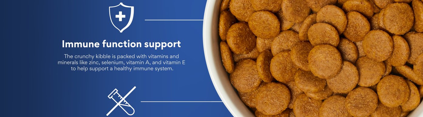 Immune function support. The crunchy kibble is packed with vitamins and minerals like zinc, selenium, vitamin A, and vitamin E to help support a healthy immune system.