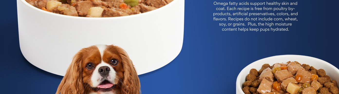 Simple nutrition. Omega fatty acids support healthy skin and coat. Each recipe is free from poultry by-products, artificial preservatives, colors, and flavors. Recipes do not include corn, wheat, soy, or grains.  Plus, the high moisture content helps keep pups hydrated.