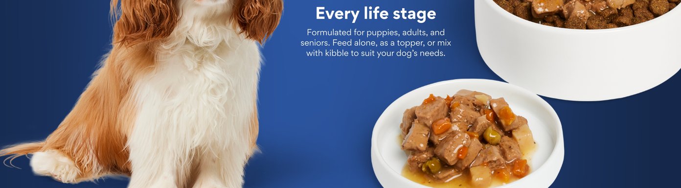 Every life stage. Formulated for puppies, adults, and seniors. Feed alone, as a topper, or mix with kibble to suit your dog’s needs.