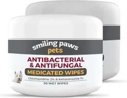 Smiling Paws Pets Antibacterial & Antifungal Medicated Dog & Cat Wipes, 50 count, bundle of 2