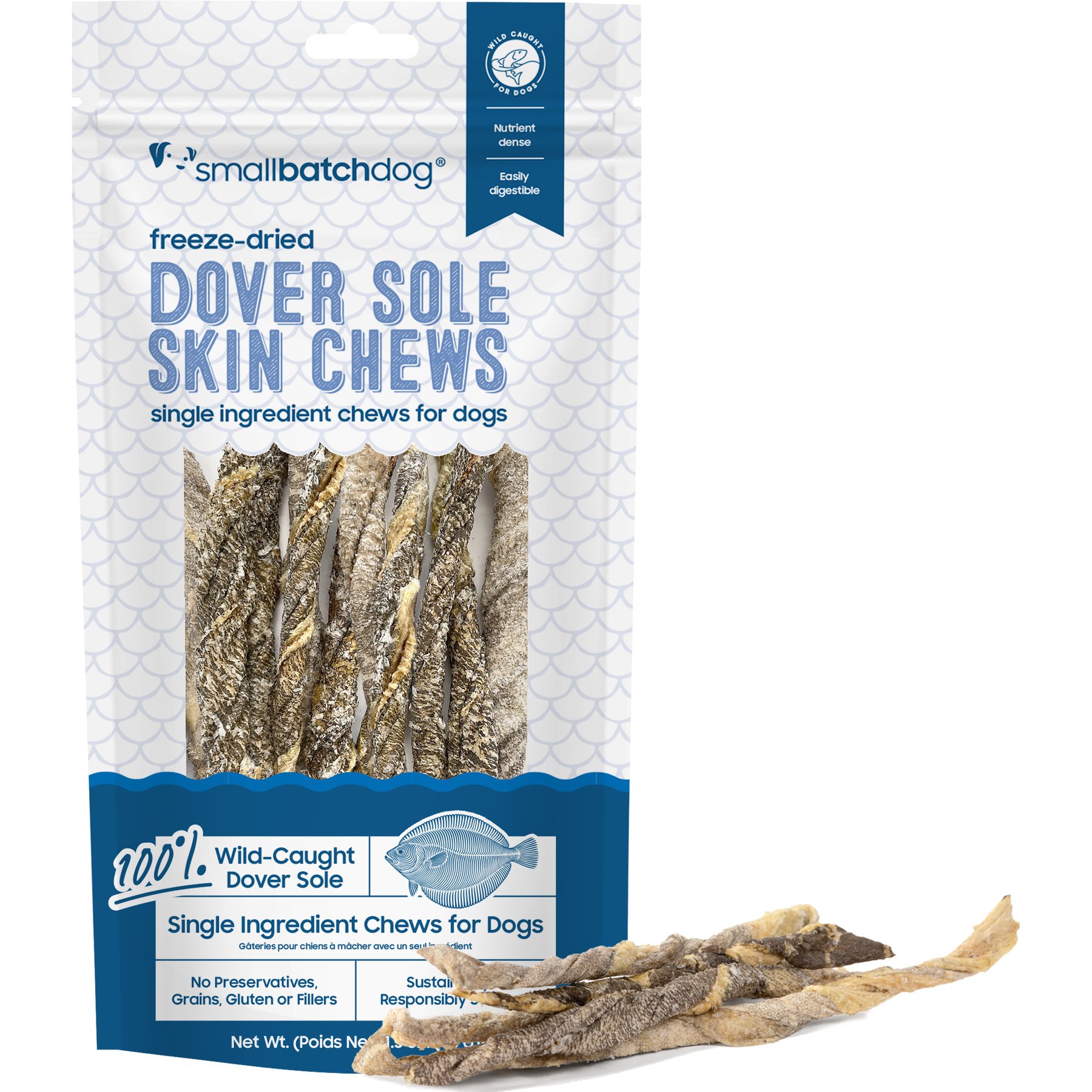 Smallbatch Pets Dover Sole Fish Skin Chews Wild-Caught Freeze-Dried Dog Chews, 1.5-oz bag