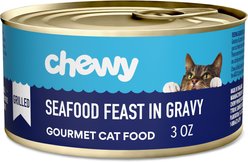 Chewy Made Grilled Seafood Feast in Gravy Canned Wet Cat Food, 3-oz can, case of 6