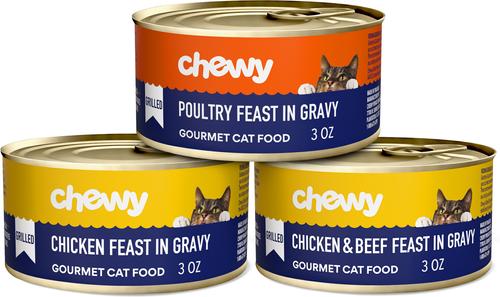 Show full view: Chewy Made Grilled Poultry & Beef Feast Variety Pack Canned Wet Cat Food, 3-oz can, bundle of 24 slide 3 of 10