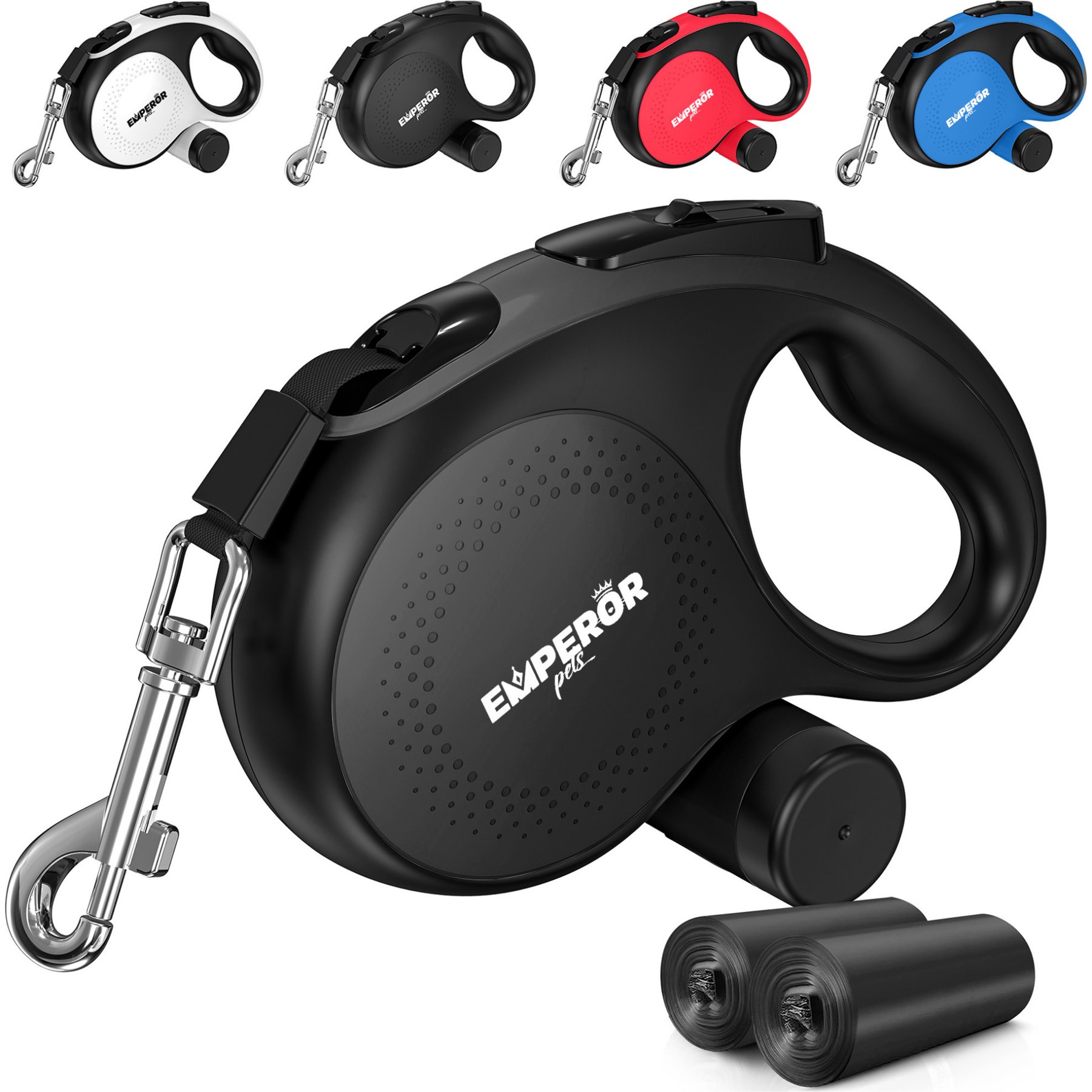Emperor Pets Aura Collection Heavy Duty Anti-Slip Grip Handle Retractable Dog Leash & Poop Bag Holder, Black, Medium: 16-ft long, 1/2-in wide