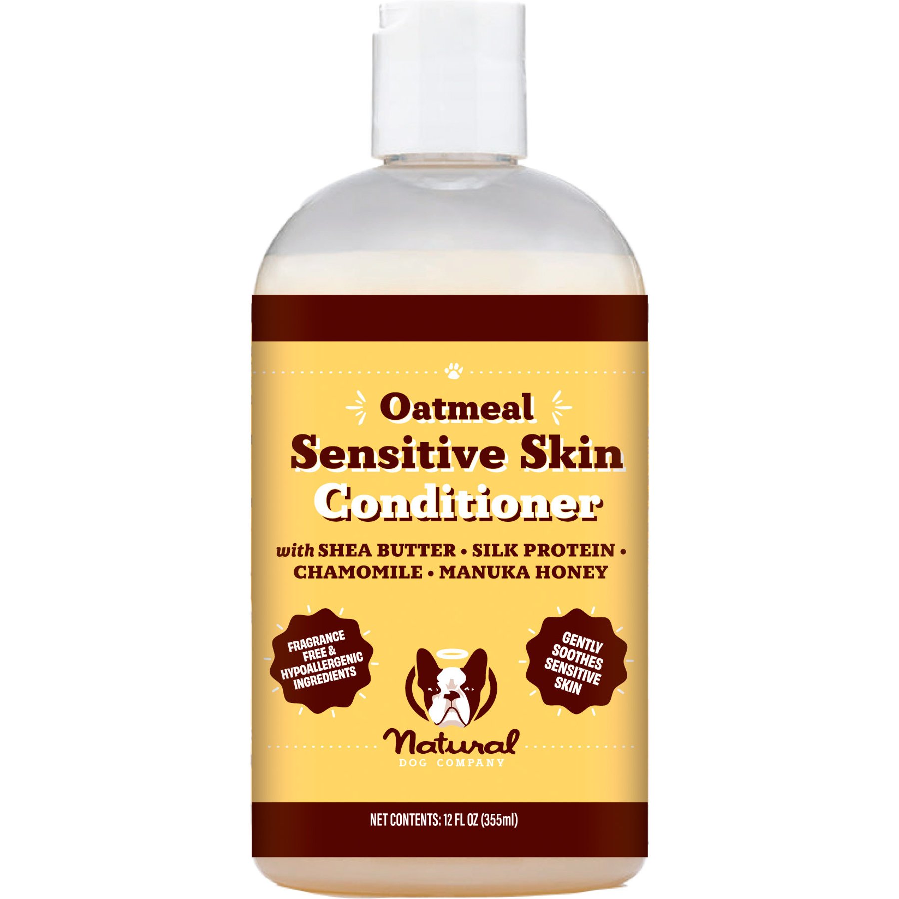 Natural Dog Company Oatmeal Moisturizing with Manuka Honey & Chamomile for Sensitive & Itchy Skin, Detangling Grooming Formula for Long Haired Dogs Conditioner, 12-fl oz bottle