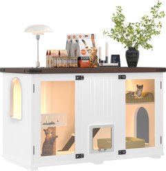 Cesicia Smart Door Living Room Furniture Hidden Cat Litter Box Enclosure Cabinet with Side Table & LED Light, White