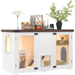 Cesicia Smart Door Living Room Furniture Hidden Cat Litter Box Enclosure Cabinet with Side Table & LED Light, White
