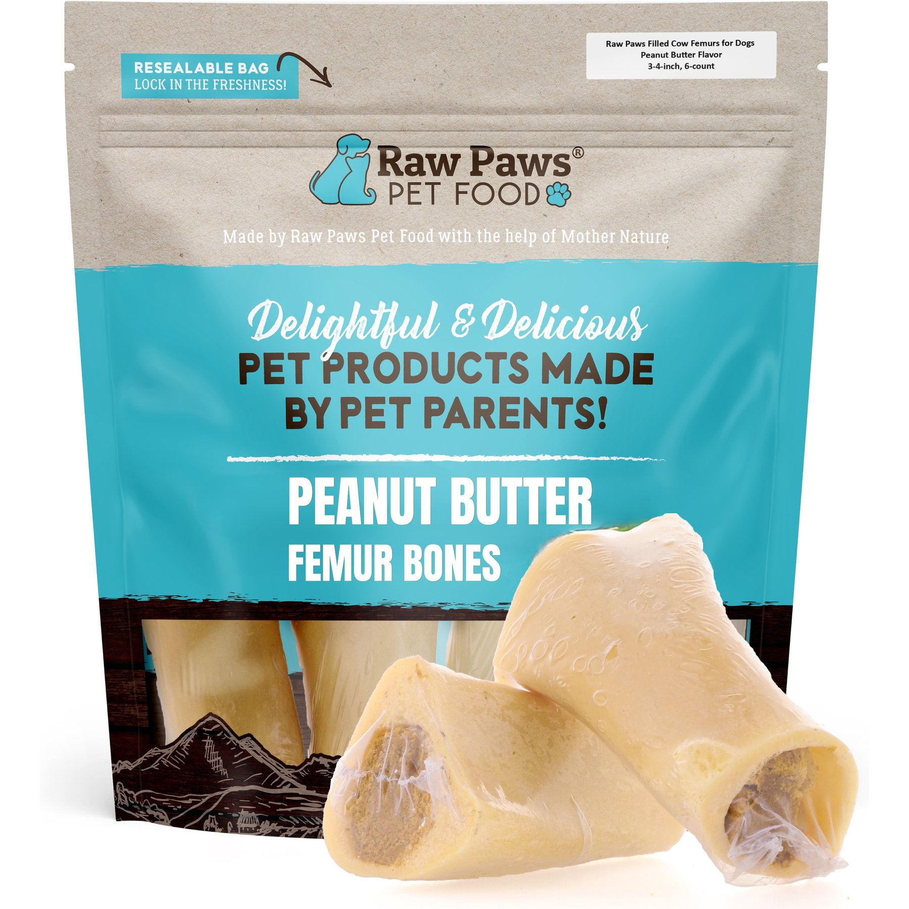 Raw Paws 3 to 4-inch Peanut Butter Filled Cow Femur Dog Bones, 6 count