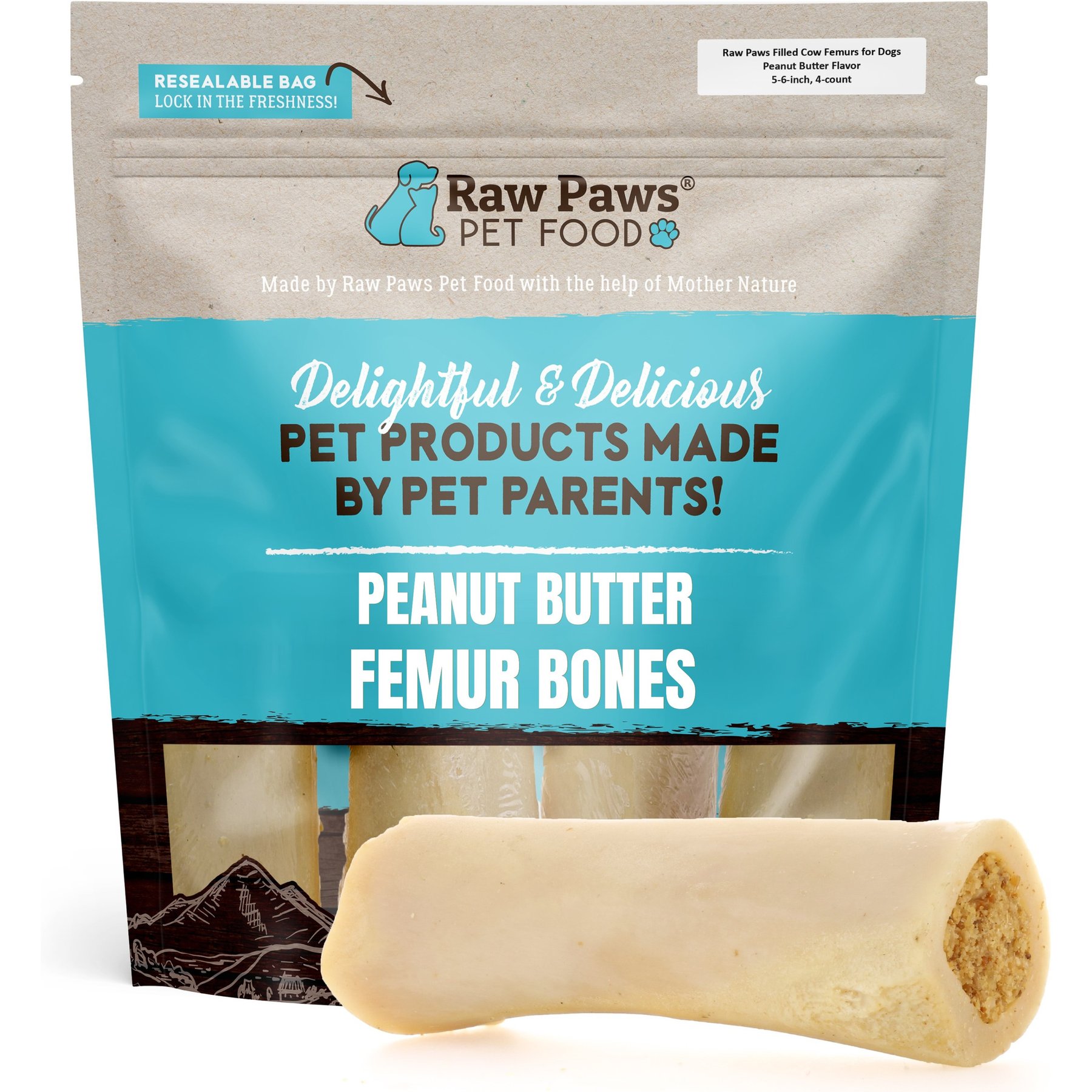 Raw Paws 5-6-inch Peanut Butter Filled Cow Femur Dog Bones, 4 count