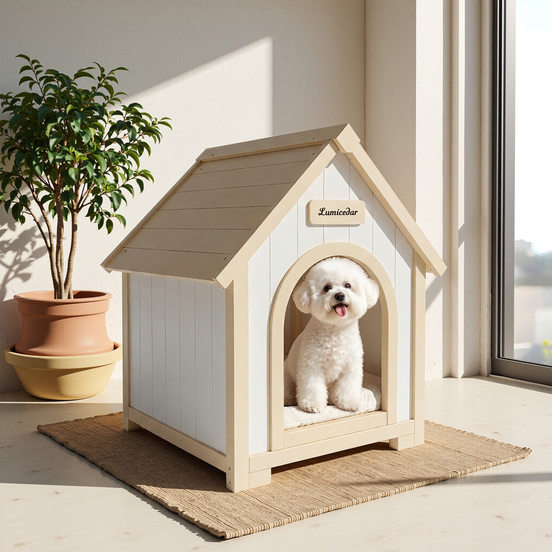 Yafylly Modern Indoor Solid Cedar Dog House, White