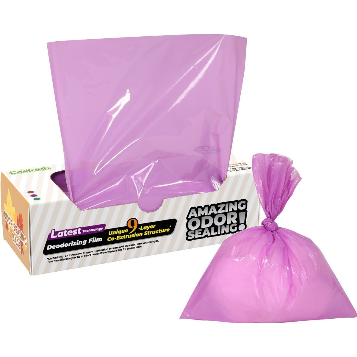 Covfresh Odor Blocking Unscented Cat Litter Bags, Purple, Medium, 220 count