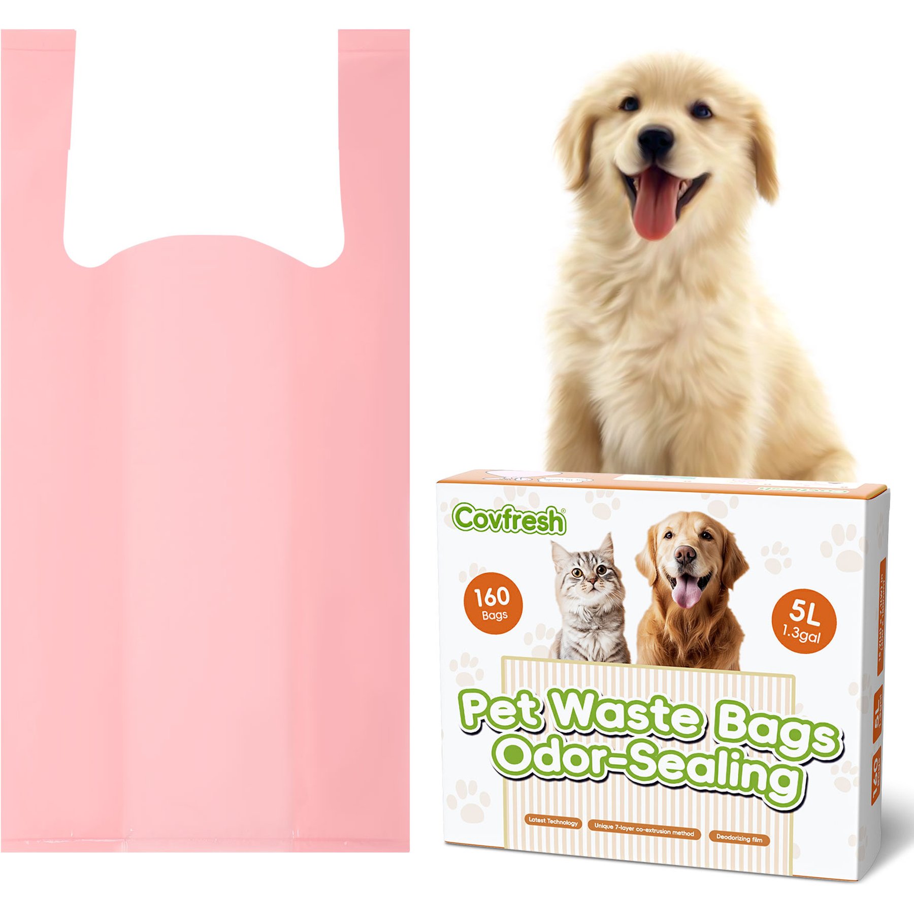 Covfresh Odor Blocking Unscented Dog Poop Bags with Handles, Pink, Medium, 160 count