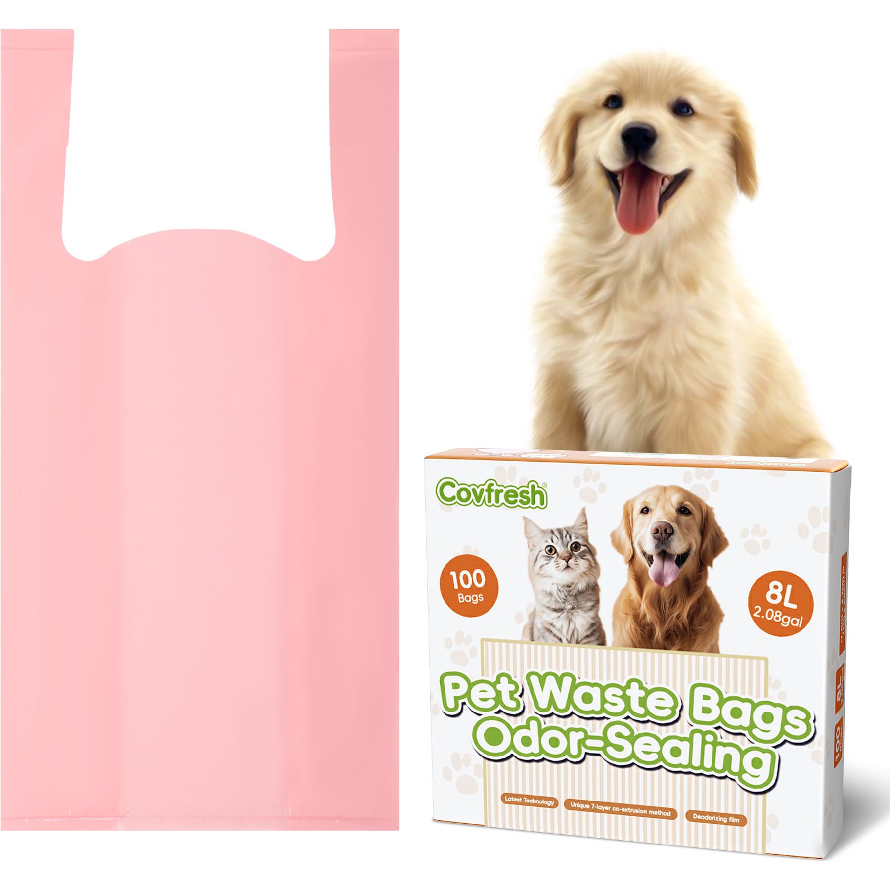 Covfresh Odor Blocking Unscented Dog Poop Bags with Handles, Pink, Large, 100 count