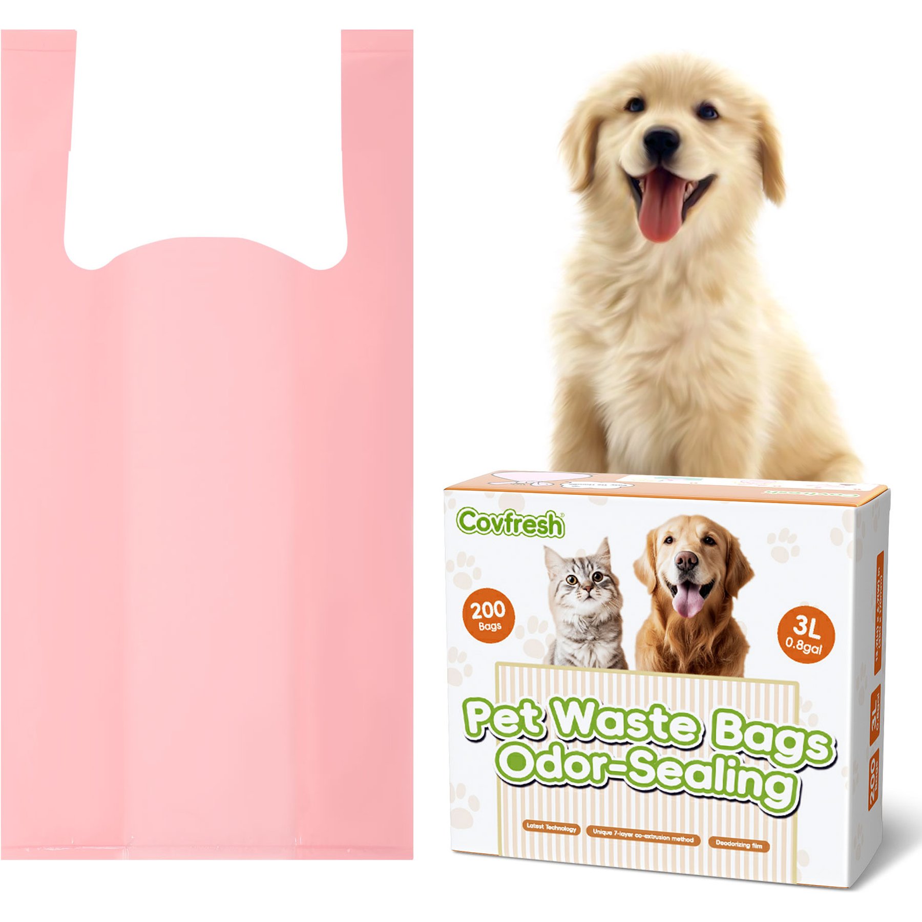 Covfresh Odor Blocking Unscented Dog Poop Bags with Handles, Pink, Small, 200 count