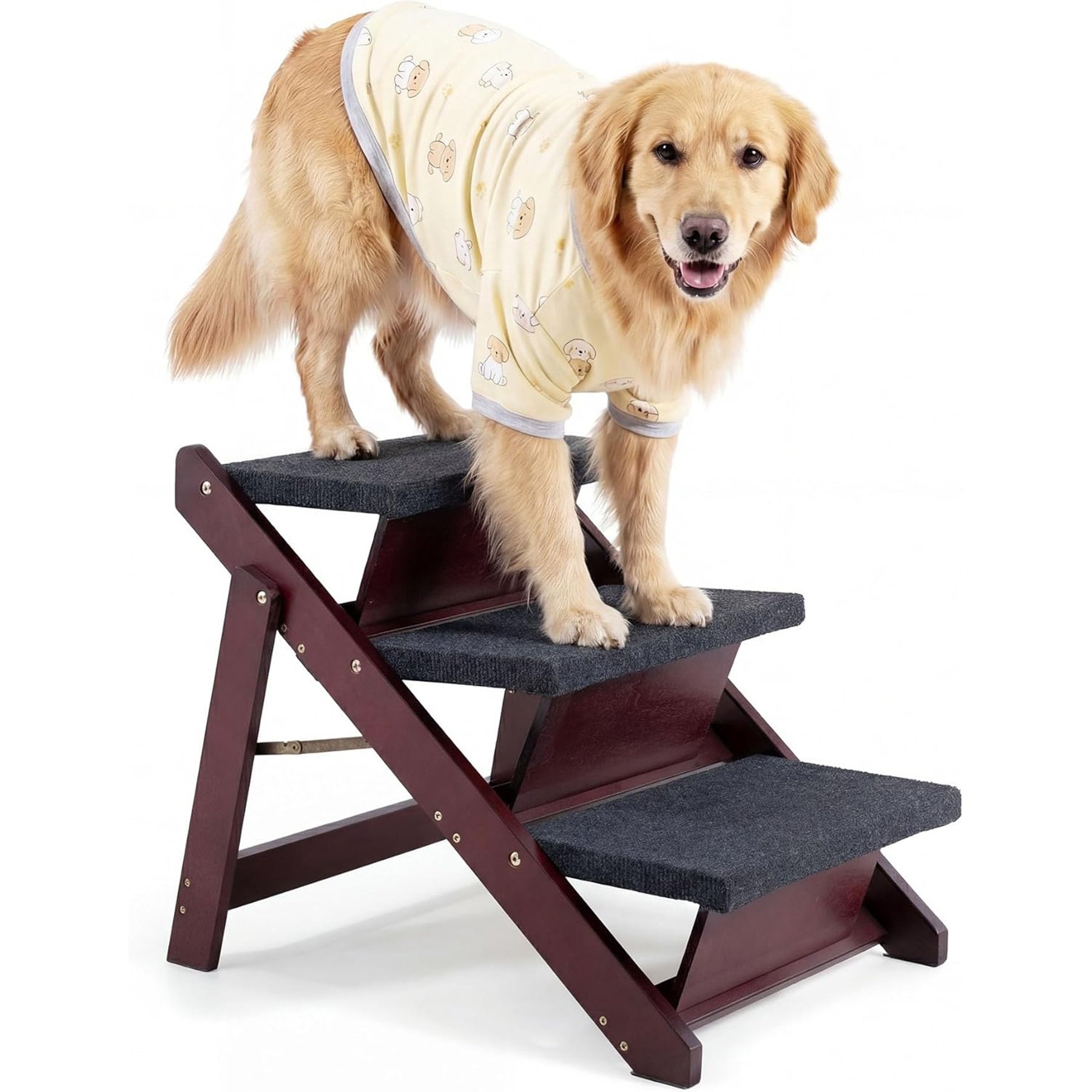 MeWang Wooden Foldable Non-Slip Dog & Cat Stair for High Bed Sofa Car, Brown, Small/Medium